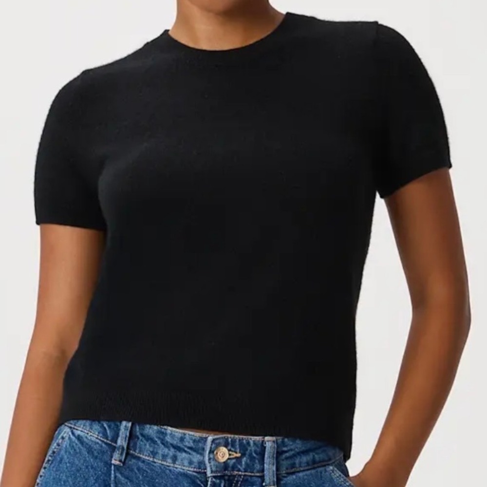 Quince Mongolian Cashmere Tee Black Short Sleeve Crew Neck Sweater Size L NEW